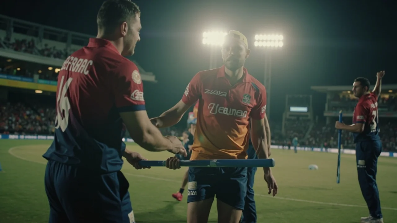 Fast bowler delivering on a green cricket field at night