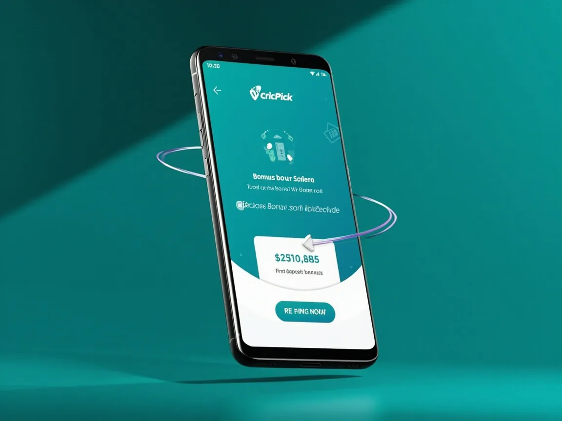 CricPick 2026 fantasy app bonus-code redemption screen mockup showing first-deposit bonus unlock UI on an Indian smartphone