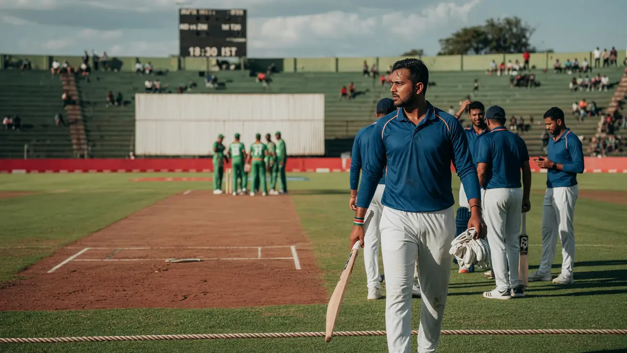 Cricket batter in blue kit playing an attacking shot with shallow depth of field on a sunlit ground