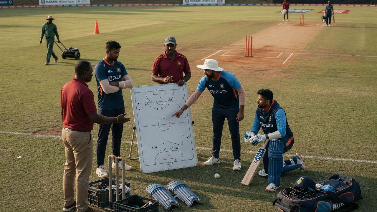 Medium shot of fielders and a bowler setting positions on a grass outfield during a T20 match